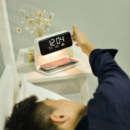 Creative 3 In 1 Bedside Lamp Wireless Charging LCD Screen Alarm Clock  Wireless Phone Charger